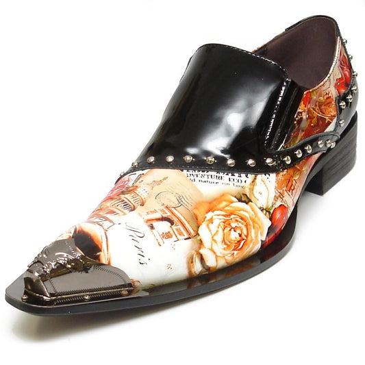 Introducing the FI-6864 Black by Fiesso, a stylish men's pointed toe fashion shoe from Fiesso by Aurelio Garcia. This shoe boasts a vibrant printed design featuring roses and decorative silver studs, expertly crafted with a high-quality leather upper.