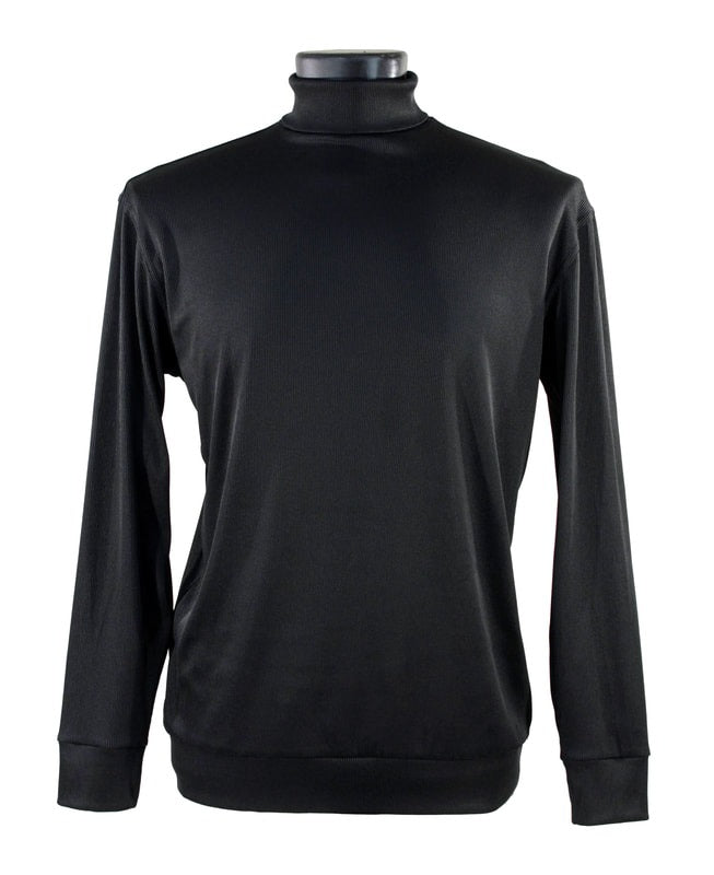 Bassiri's Bassiri L/S Turtleneck Black T-Shirt 633 is displayed on a mannequin, showcasing a modern fit with long sleeves and ribbed cuffs, crafted from a soft microfiber blend.