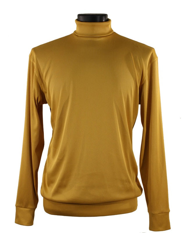 The mannequin showcases the Bassiri L/S Turtleneck Gold T-Shirt 633, emphasizing its sleek modern fit and mustard yellow hue against a white backdrop.