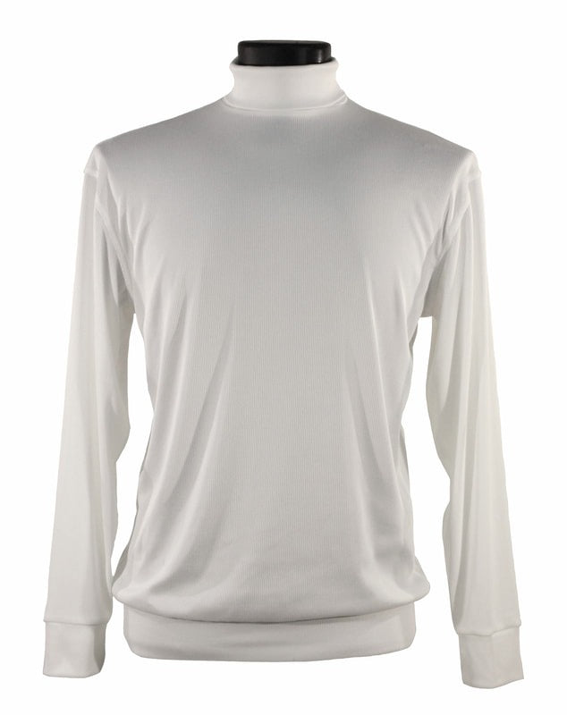 The Bassiri L/S Turtleneck White T-Shirt 633, designed by Bassiri, is a plain white long-sleeve shirt made with microfiber and spandex, featuring a sleek modern fit on a mannequin.