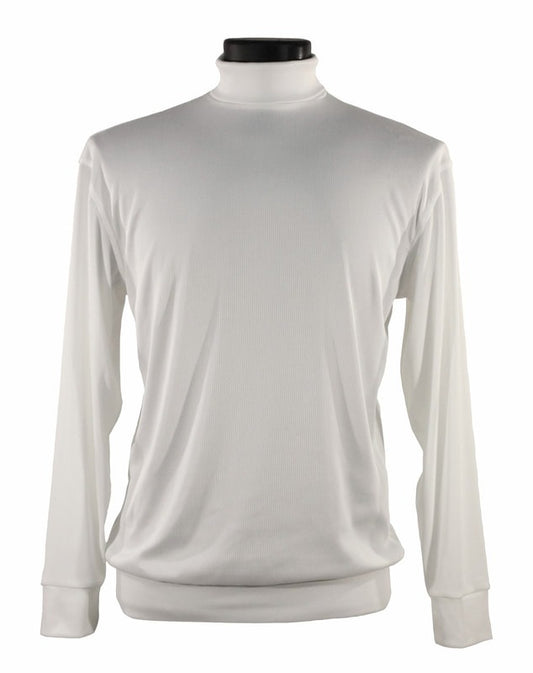 The Bassiri L/S Turtleneck White T-Shirt 633, designed by Bassiri, is a plain white long-sleeve shirt made with microfiber and spandex, featuring a sleek modern fit on a mannequin.