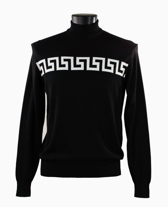 The Bassiri L/S Mock-Neck Black & White Sweater 634, crafted from soft cotton featuring a white Greek key pattern across the chest, is elegantly displayed on a mannequin.