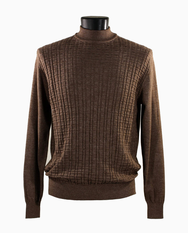 The Bassiri L/S Mock Neck Sweater 635-Brown, designed by Bassiri, features a ribbed textured pattern on the front and is elegantly displayed on a mannequin torso against a plain background.