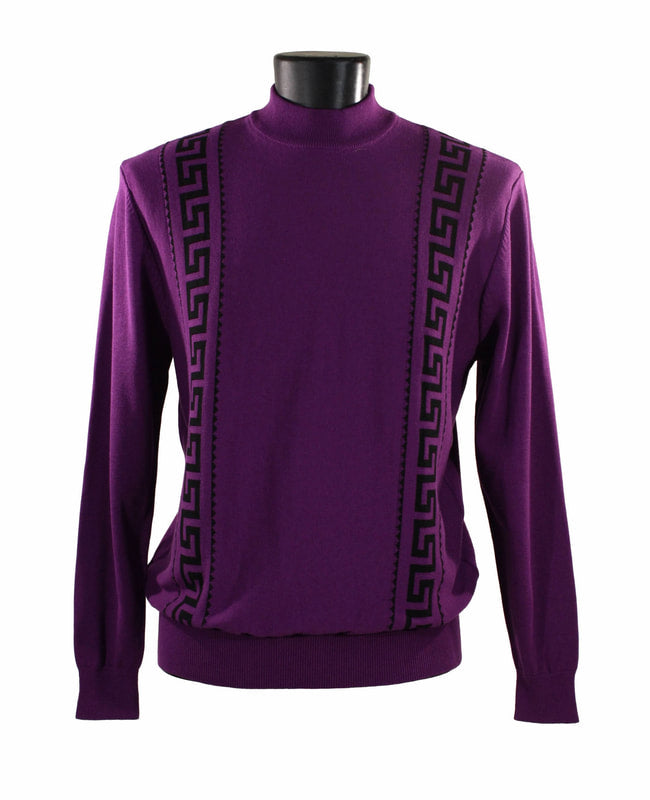 The Bassiri L/S Mock Neck Sweater 636-Purple, featuring black geometric patterns on the front and long sleeves, epitomizes Bassiri's signature style.