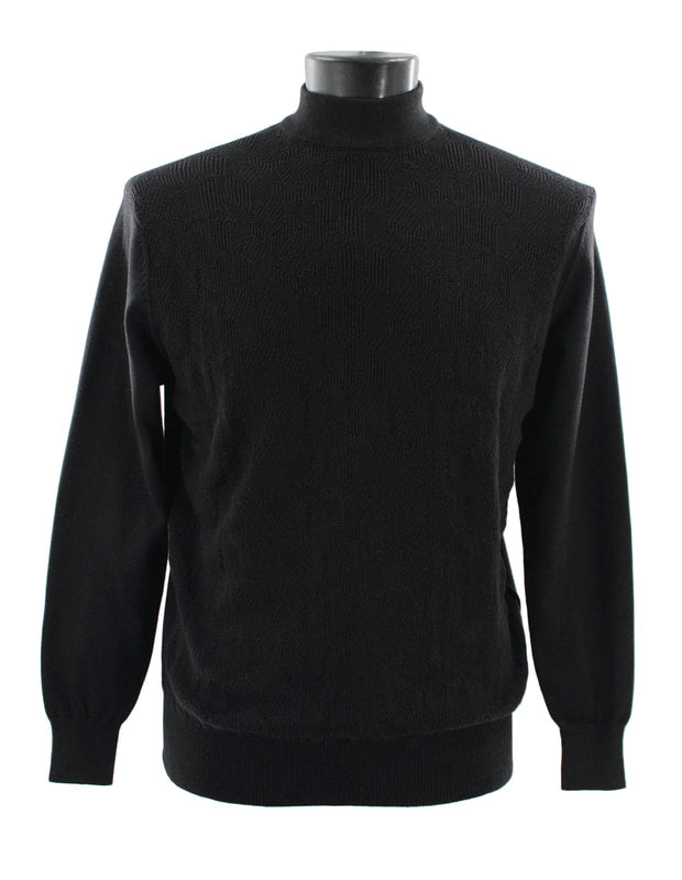 Bassiri's classic Bassiri L/S Mock-Neck Black Sweater 638, displayed on a mannequin, is expertly crafted from luxurious cashmere featuring a high neck and long sleeves for timeless sophistication.