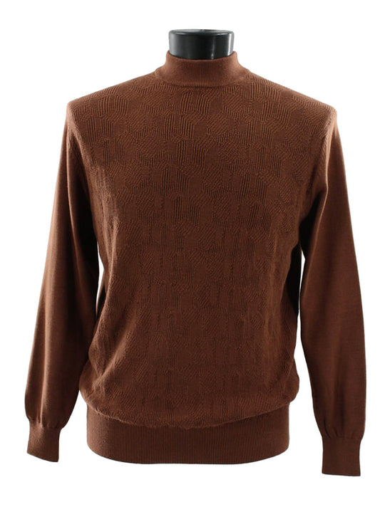 The Bassiri L/S Mock-Neck Brown Sweater 638 is displayed on a mannequin, made from soft Tencel and showcasing a delicate textured design.