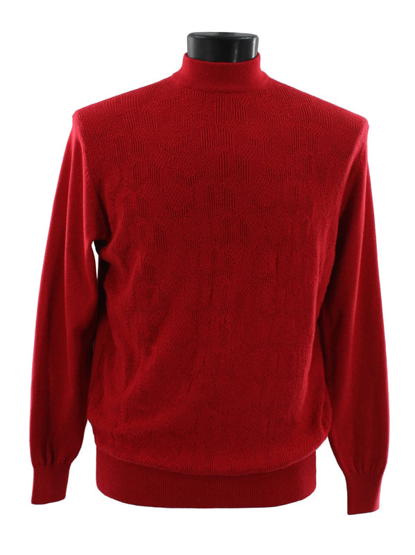 The Bassiri L/S Mock-Neck Red Sweater 638, skillfully crafted from a luxurious blend of cotton and tencel, is elegantly displayed on a black mannequin.