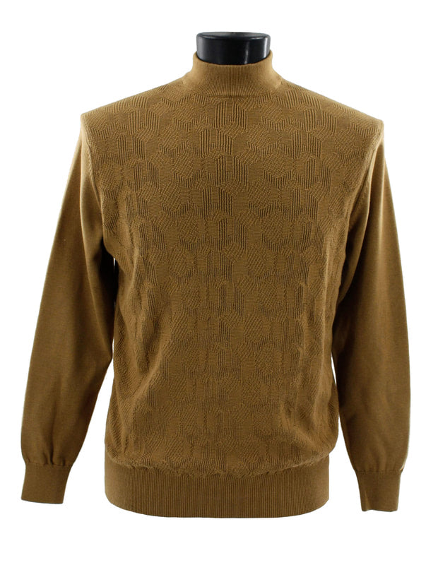 The Bassiri L/S Mock-Neck Tan Sweater 638, made from soft cotton, is displayed on a mannequin. It features a textured design with ribbed cuffs and hem, offering timeless elegance that combines classic design with modern comfort.