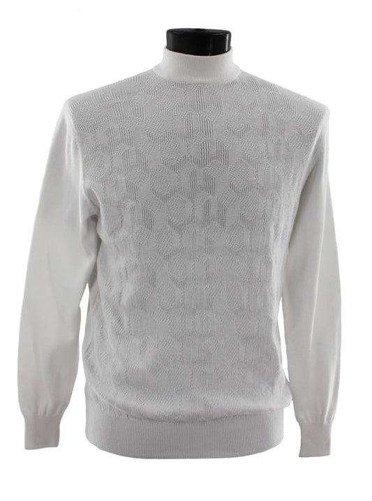 The Bassiri L/S Mock-Neck White Sweater 638, crafted from soft cotton and featuring a subtle textured pattern, is elegantly displayed on a black mannequin bust.