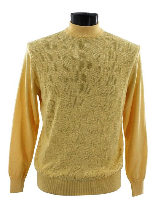 The Bassiri L/S Mock-Neck Yellow Sweater 638, crafted from soft cotton with long sleeves and a mock neck, is elegantly displayed on a black mannequin torso.