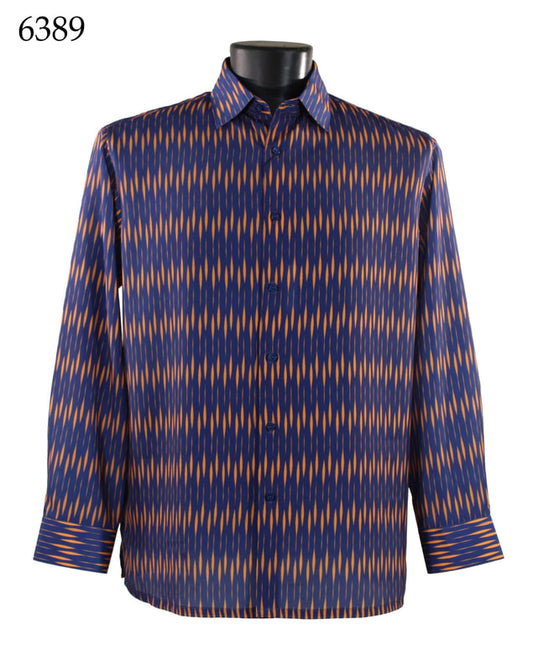 The Bassiri Long Sleeve Shirt 6389, featuring a blue and orange zigzag pattern, is displayed on a black mannequin torso.