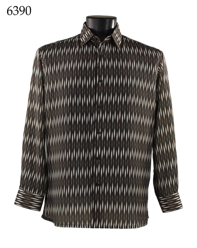 Bassiri Long Sleeve Shirt 6390 in a black and white ikat pattern displayed on a mannequin.