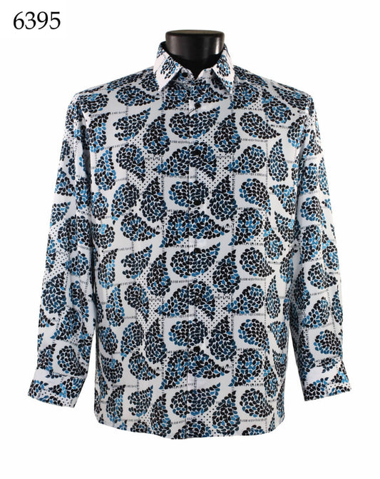 Bassiri Long Sleeve Shirt 6395 by Bassiri, featuring a blue and black floral pattern on a white background, displayed on a mannequin.