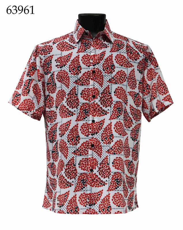 Displayed on a black mannequin torso, the Bassiri Short Sleeve Shirt 63961 showcases a red floral pattern on a white background and features a regular fit.