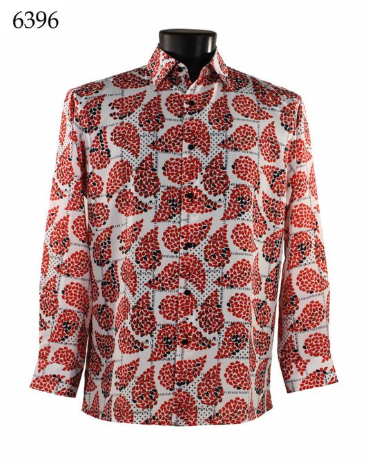 Bassiri Long Sleeve Shirt 6396 featuring a red and black floral pattern on a white background.