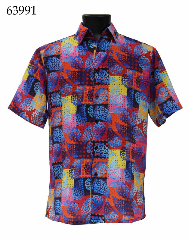 Introducing the Bassiri Short Sleeve Shirt 63991 by Bassiri—a regular fit button-up shirt that boasts a vibrant, abstract pattern in striking red, blue, yellow, and purple tones.