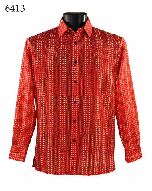 Bassiri Long Sleeve Shirt 6413 in a red and white polka dot pattern displayed on a mannequin, with the number 6413 visible in the corner.