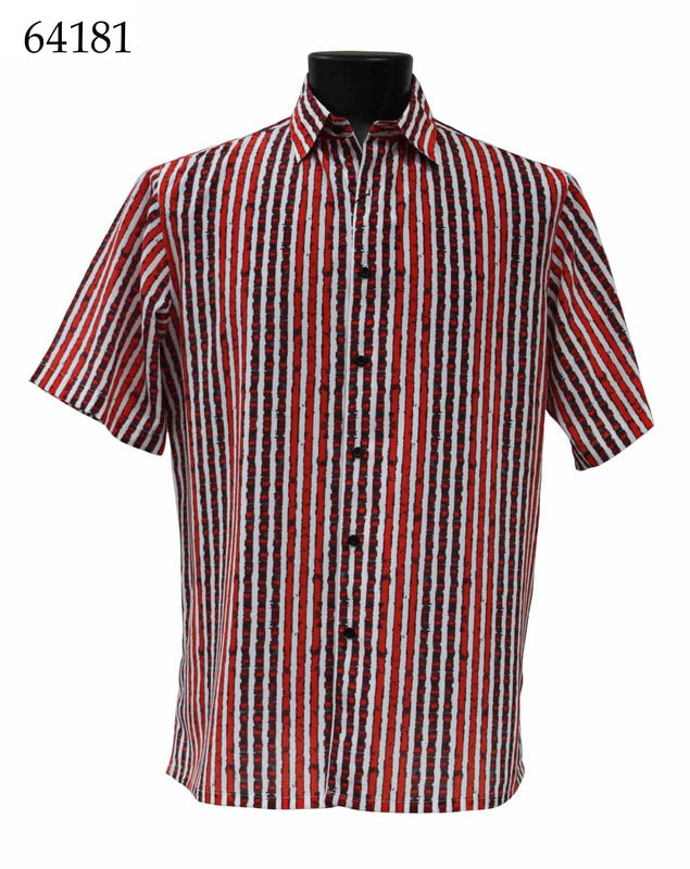 The mannequin displays a Bassiri Short Sleeve Shirt 64181, featuring a regular fit with red and white vertical stripes, perfect for adding a dash of classic style to your apparel collection.