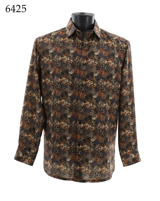 Displayed on a mannequin, the Bassiri Long Sleeve Shirt 6425 showcases a full-cut design with long sleeves and a button-up front, adorned with an intricate floral pattern in shades of brown, black, and cream. Crafted from soft microfiber.