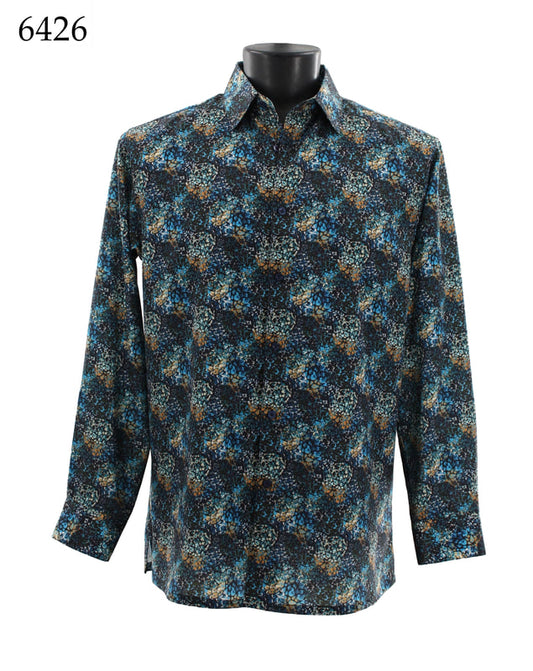 Displayed on a black mannequin is the Bassiri Long Sleeve Shirt 6426, featuring a full-cut design with long sleeves and a blue and brown floral pattern. Made from soft microfiber fabric, it's tagged with the number 6426 in the top left corner.