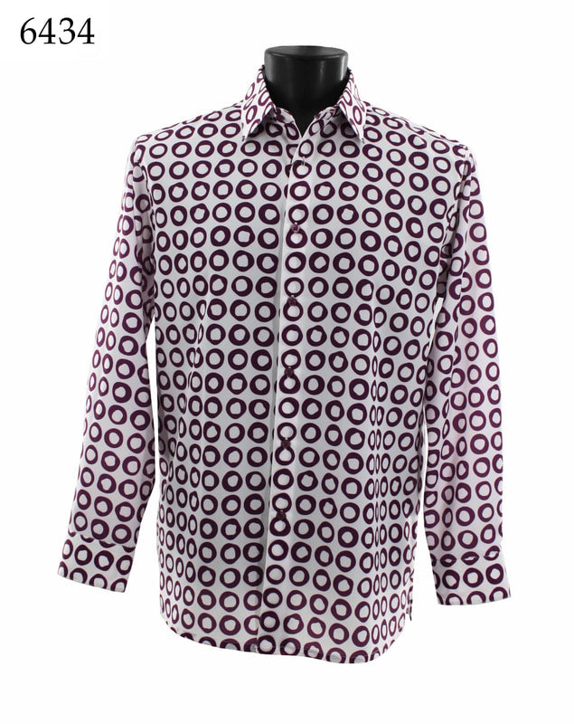 The Bassiri Long Sleeve Shirt 6434 from Bassiri, made of soft microfiber and featuring a white background with a purple circle pattern, is displayed on a mannequin.