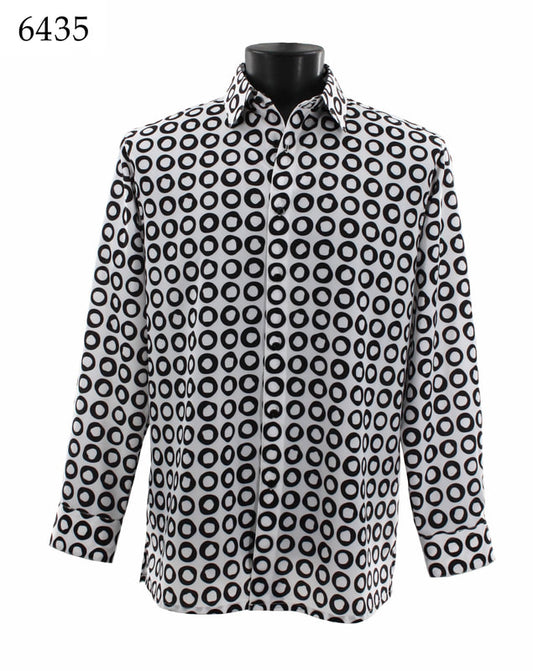 Bassiri "6435" long sleeve shirt, featuring black and white microfibers with a circular pattern, showcased on a mannequin.