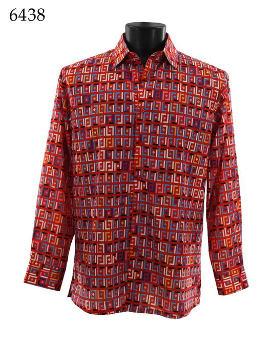 A red and blue geometric patterned microfiber long-sleeve shirt from Bassiri, known as the Bassiri Long Sleeve Shirt 6438, drapes elegantly on a black mannequin torso labeled with the number 6438 in the top left corner.