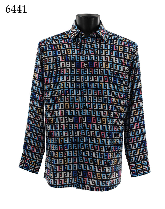 A Bassiri Long Sleeve Shirt 6441 is showcased on a black mannequin, featuring a full cut design made from microfiber. It displays an intricate geometric pattern of interlocking shapes in shades of blue, red, and gold against a black background. The product code "6441" is visible in the top-left corner.