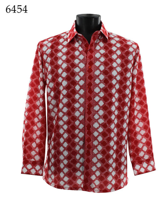 The Bassiri Long Sleeve Shirt 6454, offered by the brand Bassiri, is elegantly crafted from soft microfiber and features a red hue with a white diamond pattern. This exquisite piece is displayed on a black mannequin.