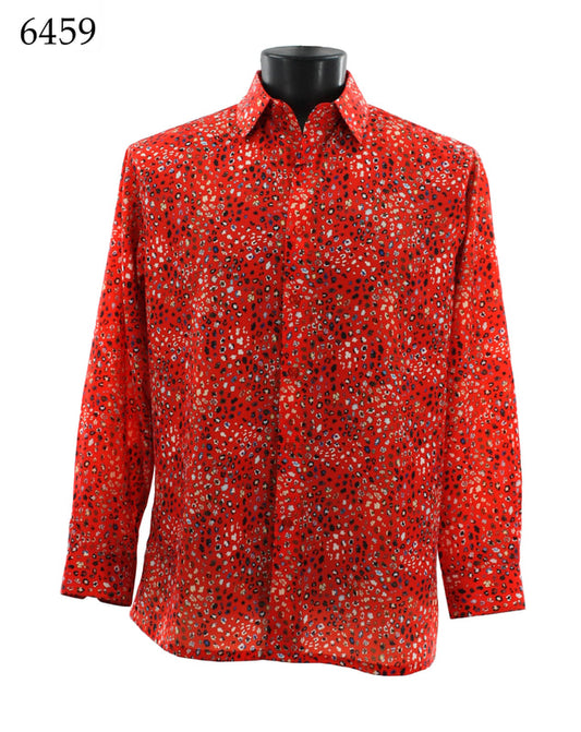 The Bassiri Long Sleeve Shirt 6459, a red long-sleeve shirt made from plush microfiber, showcases a stylish black and white dotted pattern. Presented on a black mannequin torso, its full cut ensures both comfort and style. The number 6459 is subtly incorporated in the top left corner, adding a distinctive touch to this remarkable piece.