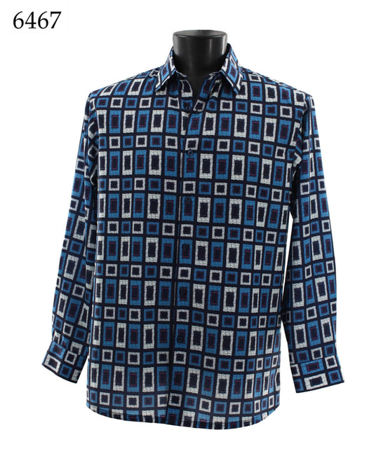 The Bassiri Long Sleeve Shirt 6467, designed by Bassiri, features a blue and white pattern on soft microfiber fabric. It elegantly drapes on a black mannequin and offers a relaxed fit with its Full Cut design. The stylish shirt is displayed in the top left corner.