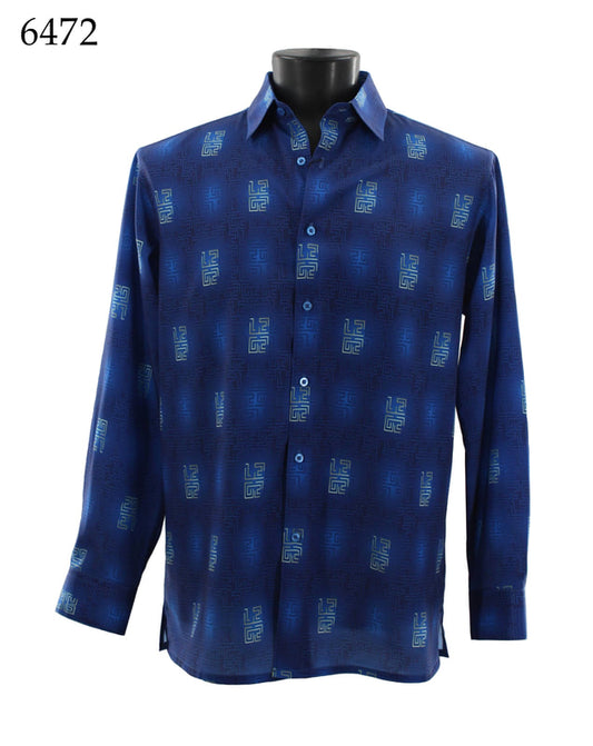 The Bassiri Long Sleeve Shirt 6472, from Bassiri, is elegantly displayed on a mannequin. Crafted in soft microfiber with a geometric pattern, this shirt features a stylish blue long-sleeve button-up design.