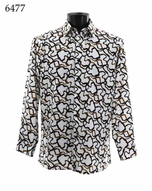 The Bassiri Long Sleeve Shirt 6477, featuring a black, brown, and beige abstract pattern on a white background, is displayed on a stand. Crafted from soft microfiber in a full cut design by the brand Bassiri, this garment drapes elegantly. The number 6477 appears in the upper left corner.