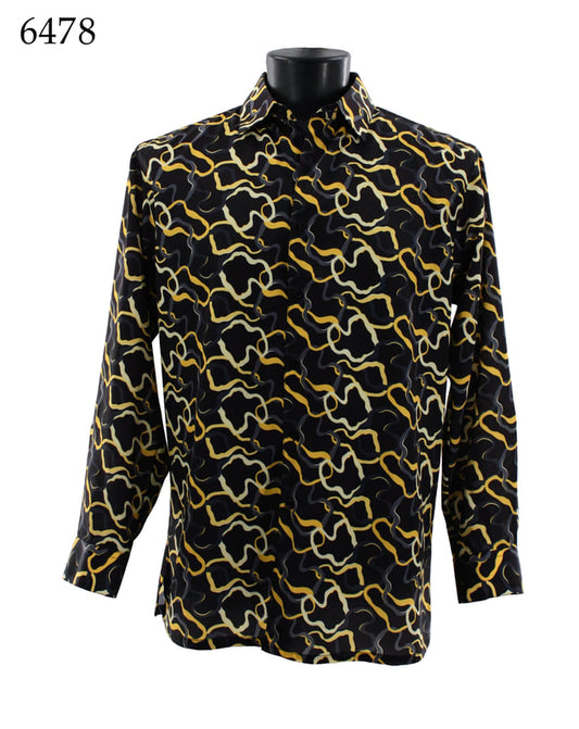 A black mannequin displays the Bassiri Long Sleeve Shirt 6478, a full-cut, long-sleeve microfiber shirt showcasing a striking abstract pattern in black, white, and yellow. The number 6478 is prominently displayed in the top left corner.