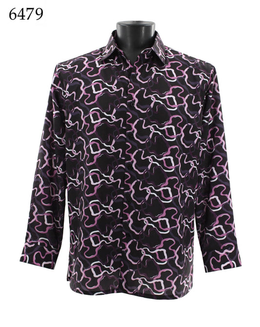 A black mannequin is dressed in the Bassiri Long Sleeve Shirt 6479, showcasing a full-cut design with long sleeves. The shirt features a microfiber fabric adorned with a bold abstract pattern in black, purple, and white. The number 6479 is displayed in the top left corner.