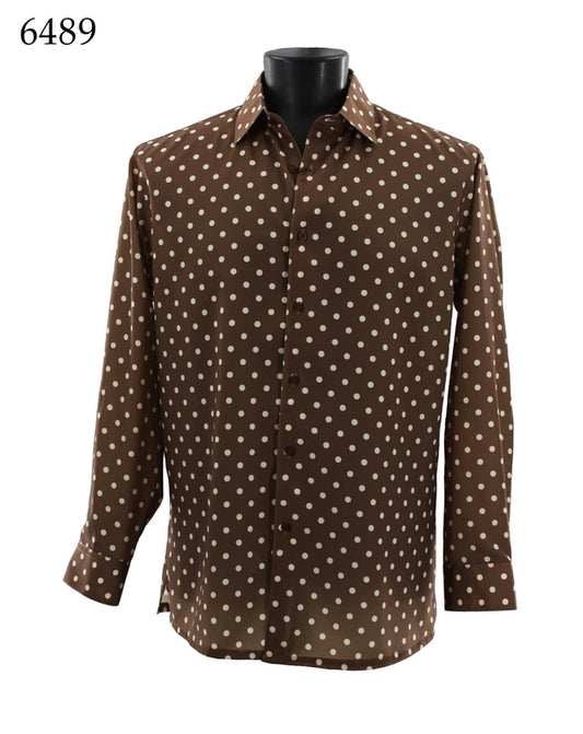 The Bassiri Long Sleeve Shirt 6489, featuring a brown microfiber material with white polka dots, is elegantly displayed on a black mannequin torso.