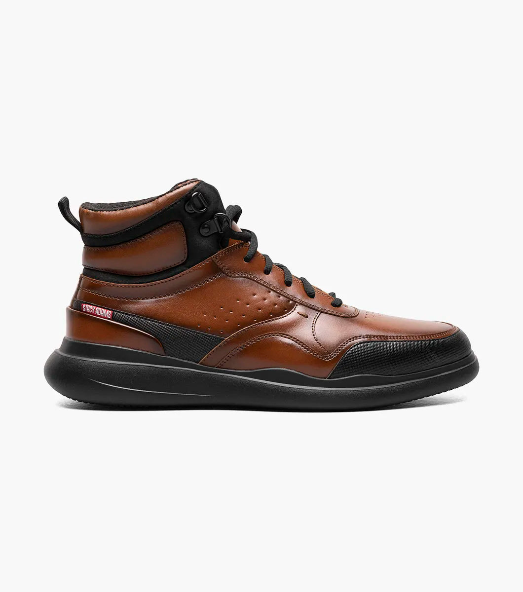 The Stacy Adams MAYSON U-Bal Lace Up Sneaker in Cognac features a brown and black high-top design with black laces and a sturdy yet lightweight EVA sole.