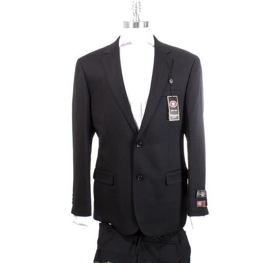 Displayed on a mannequin is the Montefino Super 120's Wool Black Suit 40399 from Unique Design Menswear. This sophisticated piece, crafted from elegant merino wool in a regular fit, features a classic two-button closure and comes with price tags hanging from the lapel, showcasing the value of timeless style.