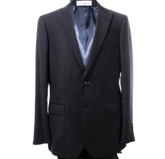 A modern fit navy two-button blazer with notched lapels, crafted from high-quality fabric, features a single chest pocket and is elegantly displayed on a hanger. This is part of the Unique Design Exclusive Modern Fit Navy Suit 201016/5 by Unique Design Menswear.