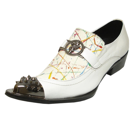 The FI-6847 White Fiesso by Aurelio Garcia from the brand Fiesso is a stylish loafer featuring a leather upper with a vibrant splatter design, adorned with a silver decorative emblem and embellished with metal studs on the toe cap. This fashion shoe also includes a cushioned insole for enhanced comfort.