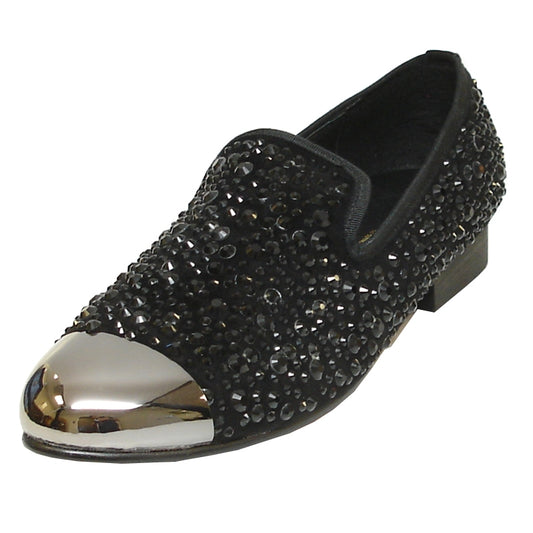 The FI-6918 Black Fiesso by Aurelio Garcia slip-on shoe from Fiesso features a cushioned insole, shiny rhinestones, and a metallic silver toe cap.