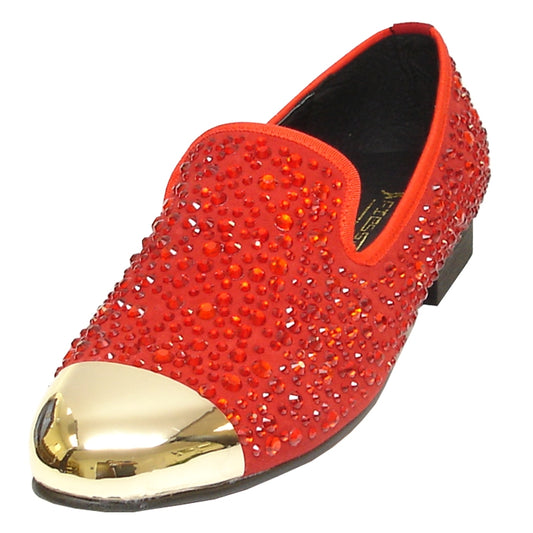 The FI-6918 Red Fiesso by Aurelio Garcia is a slip-on fashion shoe with a leather upper, enhanced by red sequins and a shiny gold metallic toe cap.