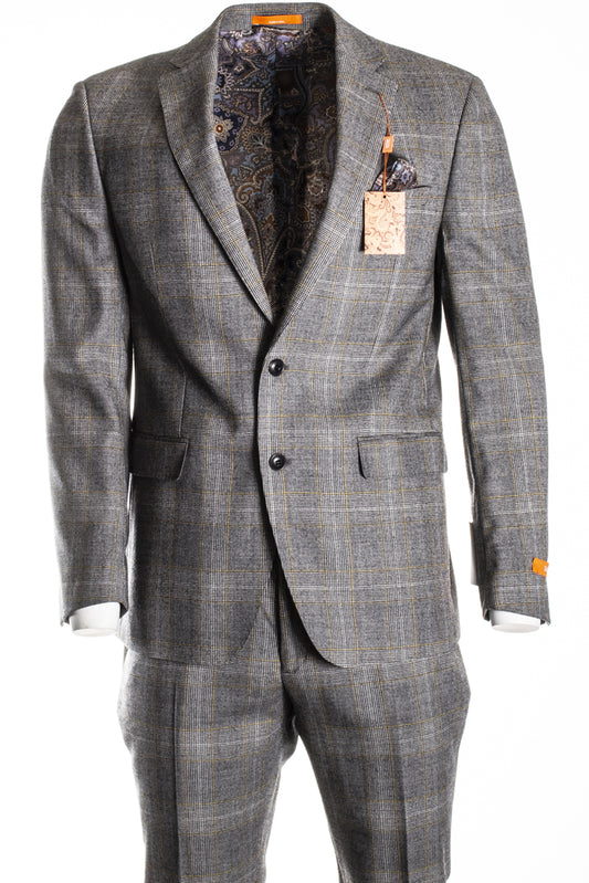 The Tallia Black/Yellow plaid suit, made from 100% wool, features a two-button jacket with a paisley-patterned lining and a coordinating pocket square.