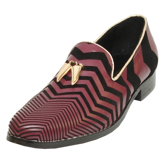 The FI-6945 Purple Black Fiesso by Aurelio Garcia, crafted by Fiesso, is a men's fashion loafer featuring a striking black and maroon geometric pattern with a leather upper and adorned with a gold decorative embellishment. Designed with comfort in mind, it includes a cushioned insole for all-day wear.