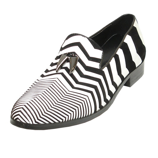 The FI-6945 White Black Fiesso by Aurelio Garcia slip-on fashion shoe from Fiesso features a black and white striped design with a geometric pattern, complemented by a decorative metal accent and equipped with a cushioned insole for enhanced comfort.