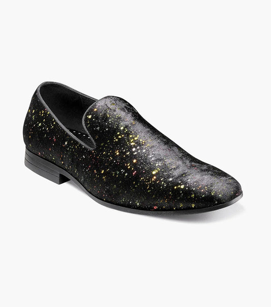 Introducing the Stacy Adams Stellar - STELLAR Plain Toe Glitter Slip On in Black (25534-001). This shoe features a unique multicolored speckled pattern that evokes the beauty of stars. Experience exceptional comfort with its memory foam footbed, ensuring each step feels as if you're walking on clouds.