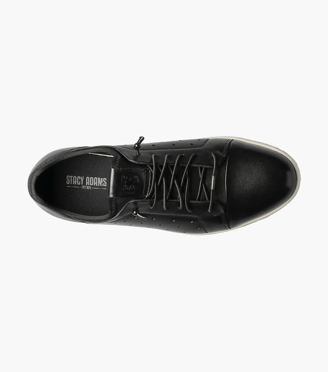 The Stacy Adams - HALDEN Lace Up Sneaker in black showcases a burnished leather upper and perforated side details, set against a plain white backdrop. It features a white rubber sole and cushioned footbed for optimal comfort.