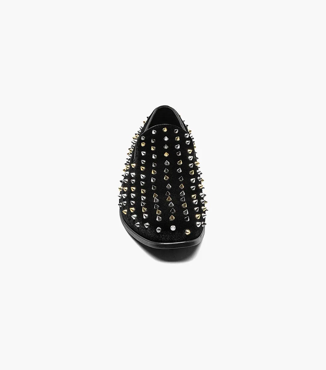 A Stacy Adams SPIRE spiked slip-on loafer in black leather, adorned with silver metal studs.