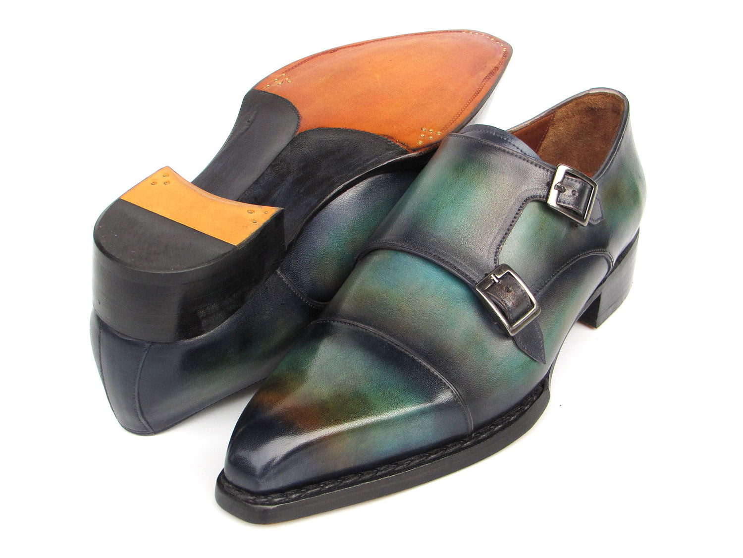 Paul Parkman Men's Cap Toe Double Monkstrap Shoes Green & Blue Patina - 2598-5BG