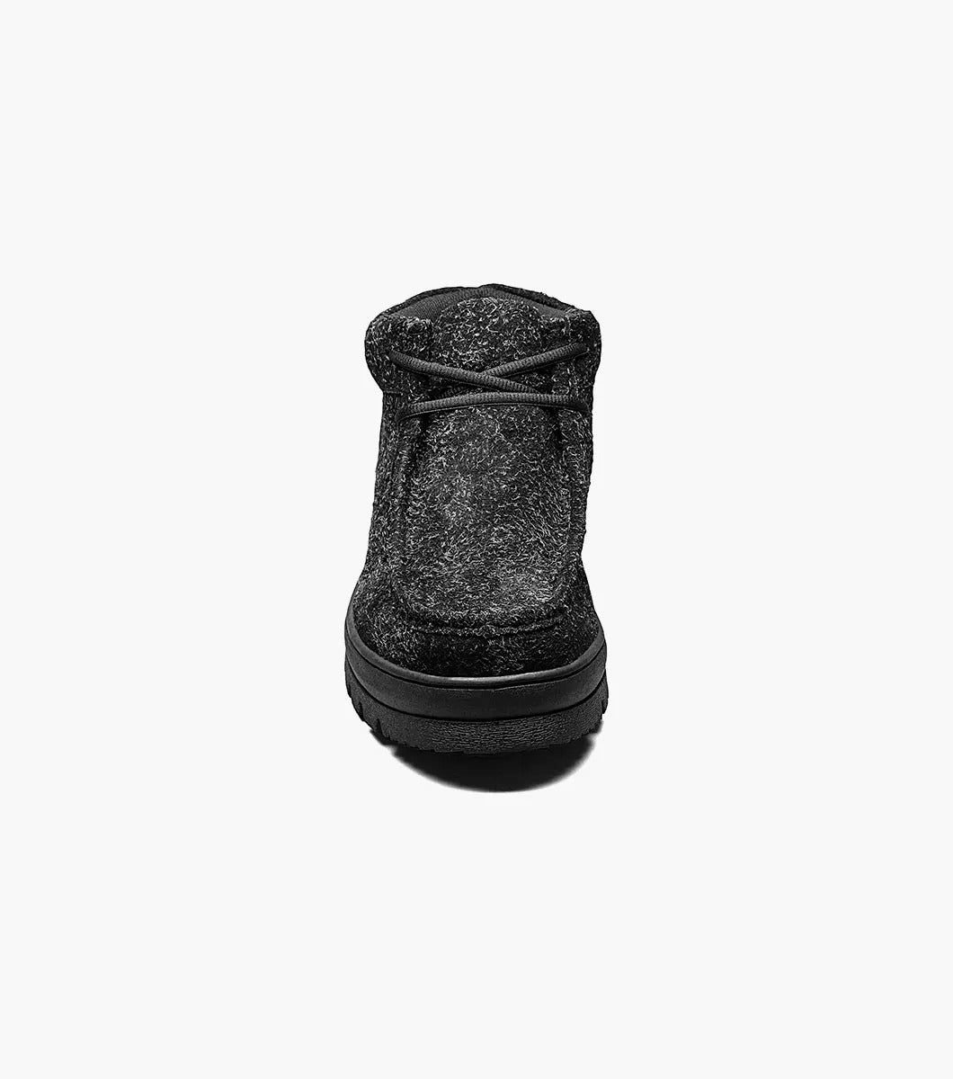 Product Description: The Stacy Adams Dublin II Moc Toe Boot in Black Multi, style number 63169-009, features a textured finish, lace-up front, and a durable rubber outsole. It is showcased against a plain white background.